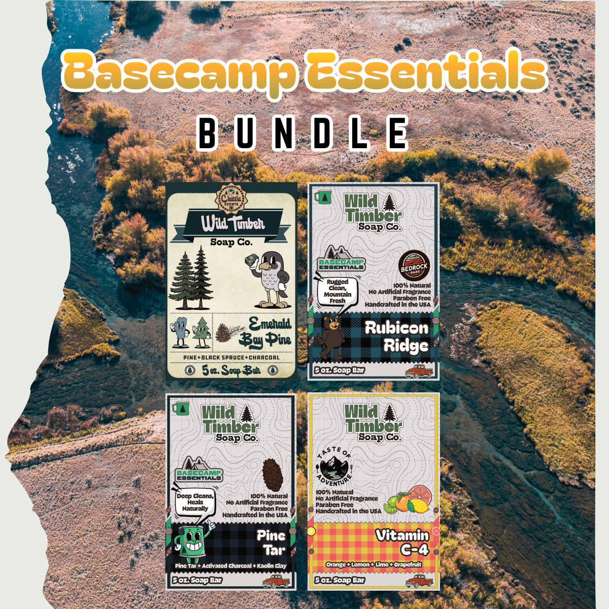 Basecamp Essentials Bundle - Pine Tar, Pine Needle, Black Spruce & Citrus Natural Soap Bar Bundle