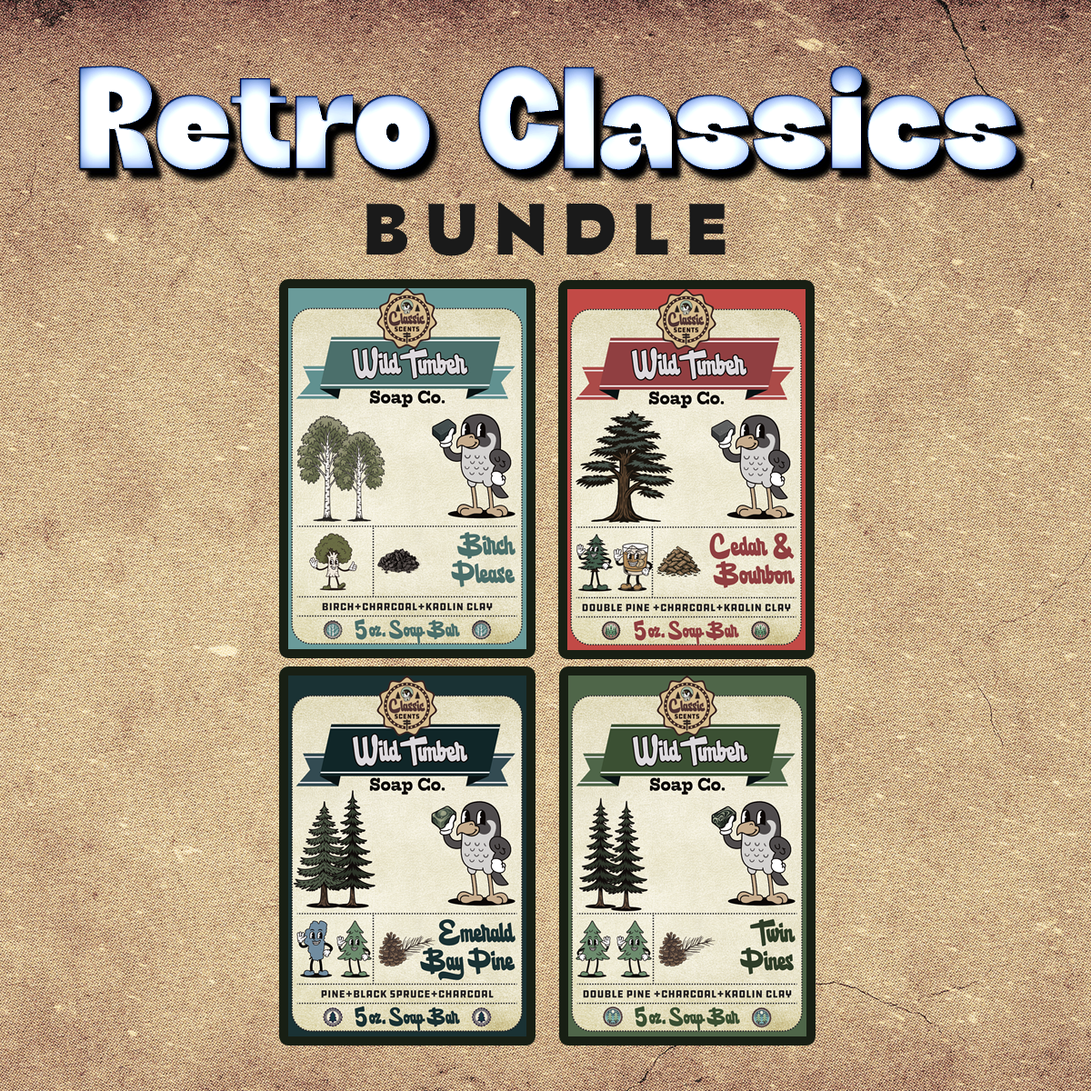 Retro Classics Bundle – Cedar & Bourbon, Birch Please, Twin Pines, Emerald Bay Pine Natural Soap