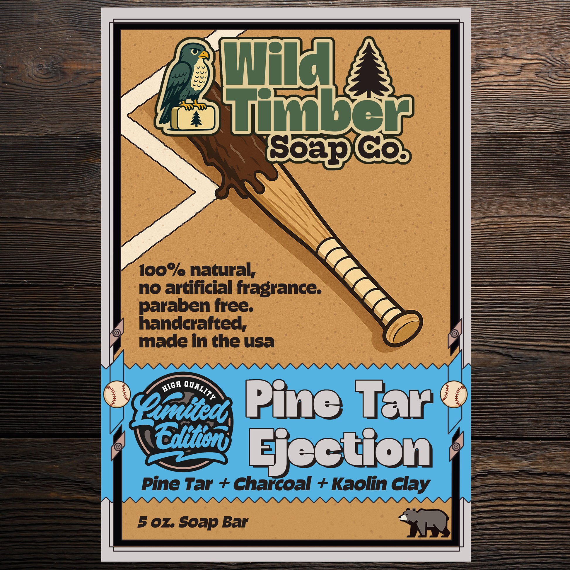 Bar soap packaging with 'Wild Timber Soap Co.' branding and 'Pine Tar Ejection' title.