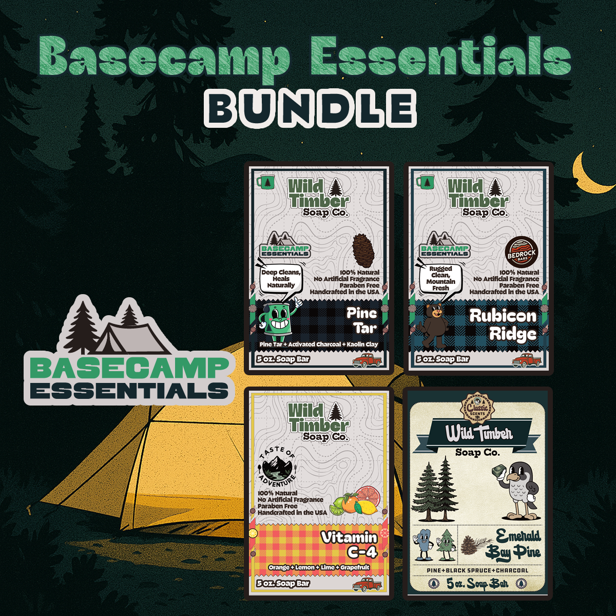 Basecamp Essentials Bundle - Pine Tar, Pine Needle, Black Spruce & Citrus Natural Soap Bar Bundle